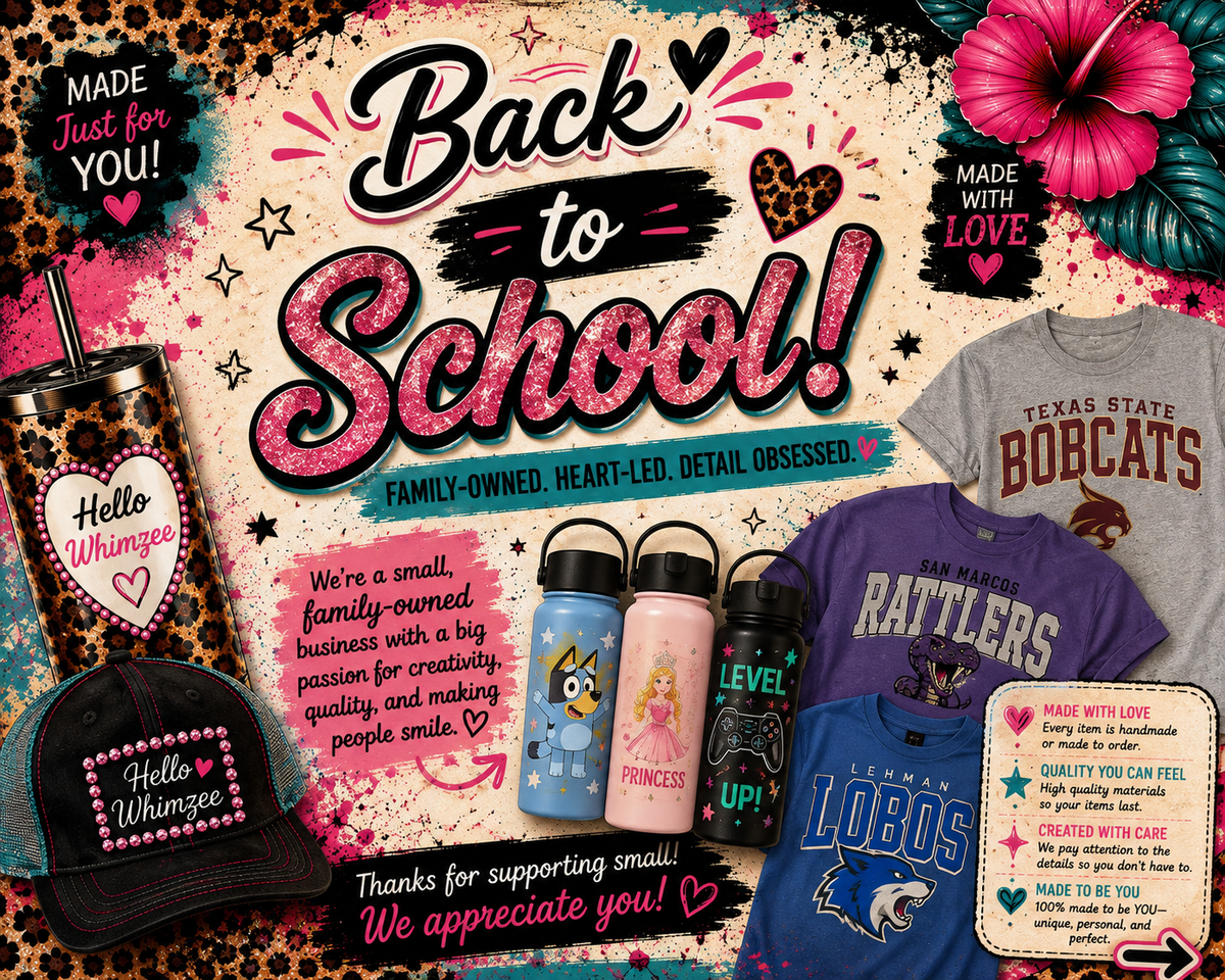 Hello Whimzee Back to School collection graphic in pink, teal, leopard print, and scrapbook style