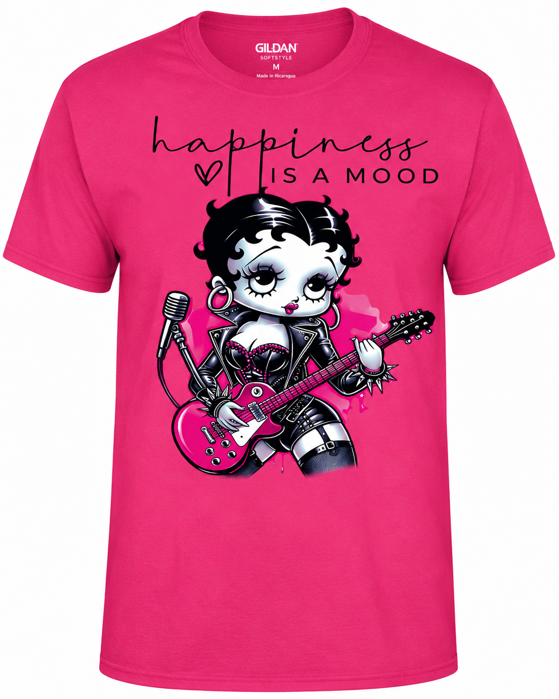 Happiness Is a Mood Graphic T-Shirt | Retro Rock Girl Softstyle Tee | Pink Guitar DTF Shirt | Gildan Softstyle