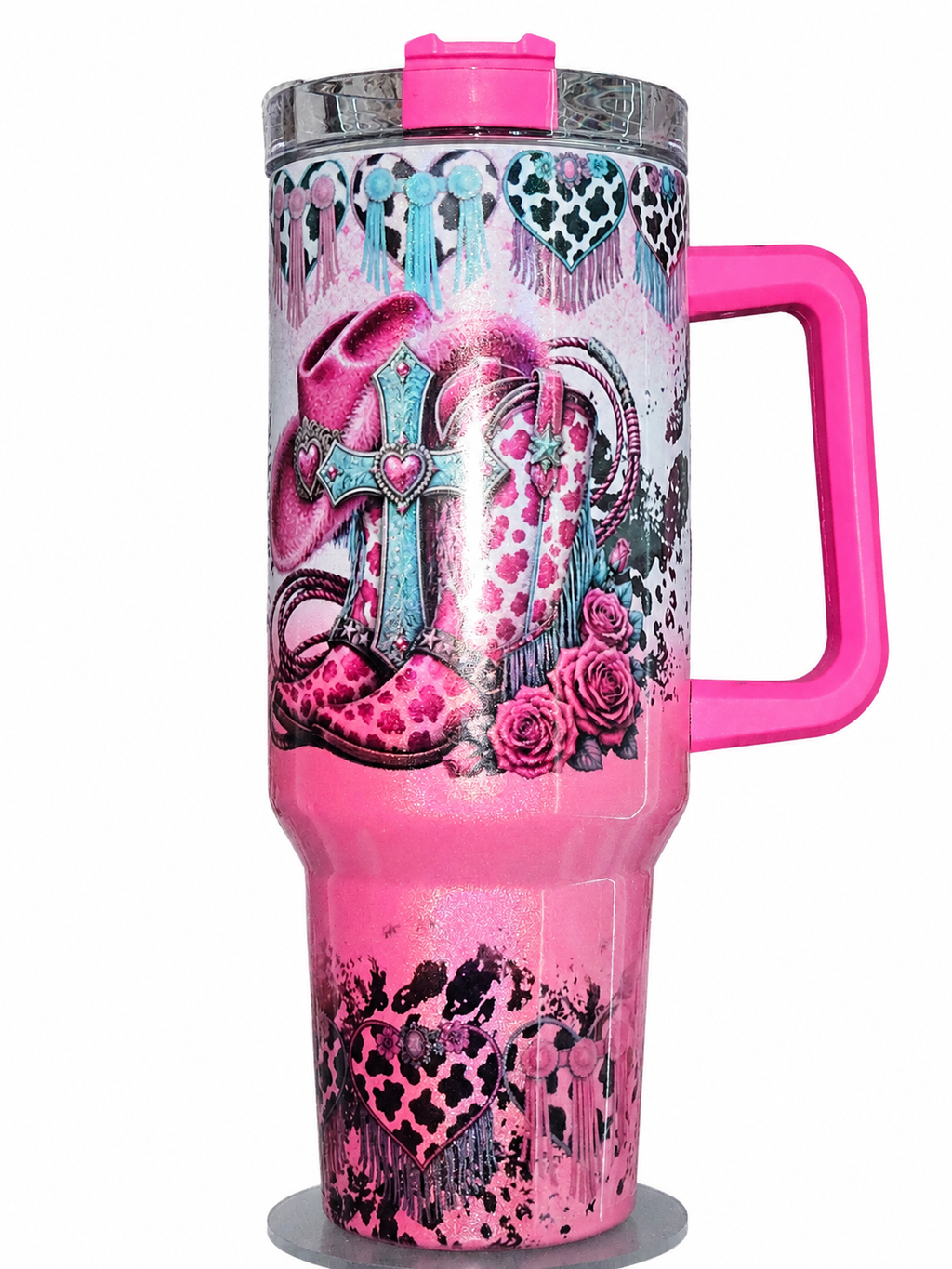 Howdy Cowgirl 40 oz Tumbler with Handle | Pink Western Boots & Cross | Cow Print Western Travel Mug