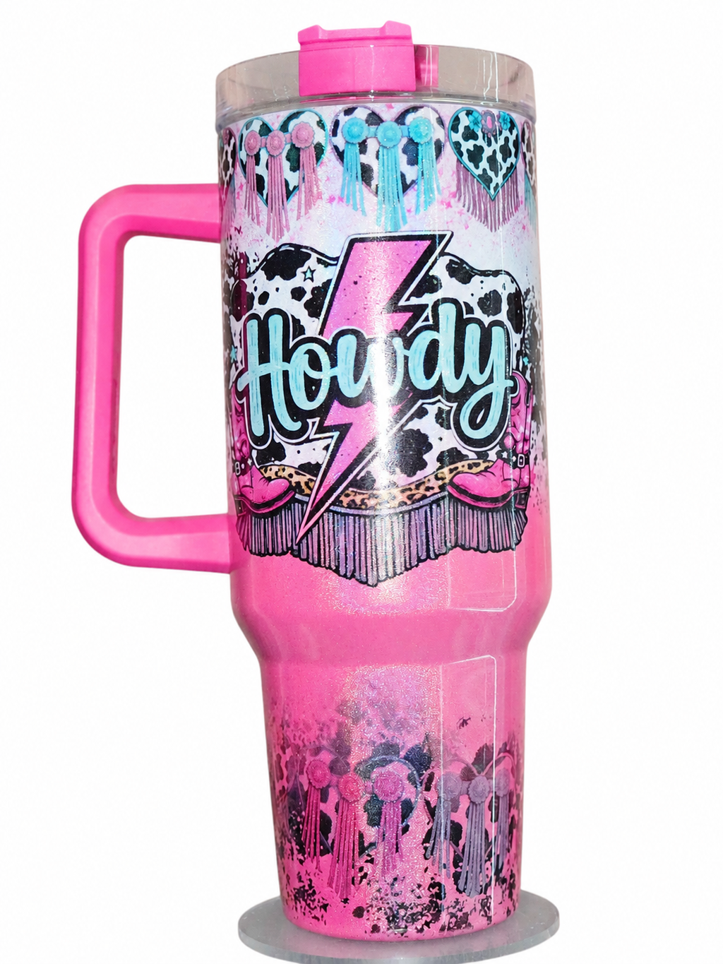 Howdy Cowgirl 40 oz Tumbler with Handle | Pink Western Boots & Cross | Cow Print Western Travel Mug
