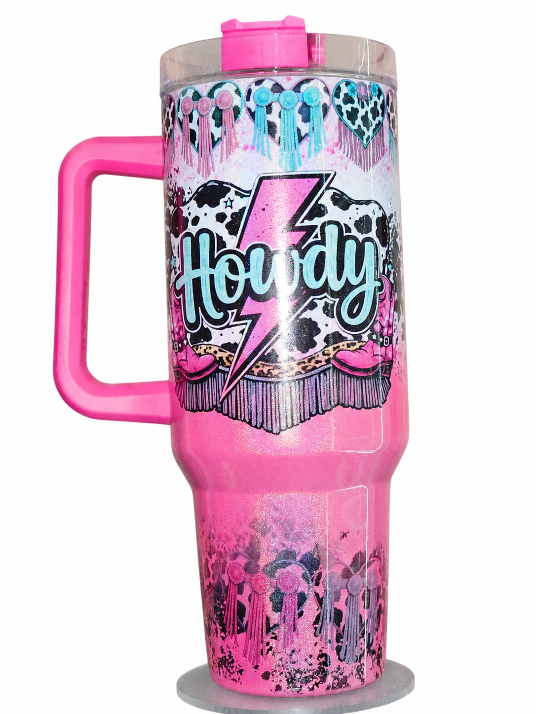 Howdy Cowgirl 40 oz Tumbler with Handle | Pink Western Boots & Cross | Cow Print Western Travel Mug