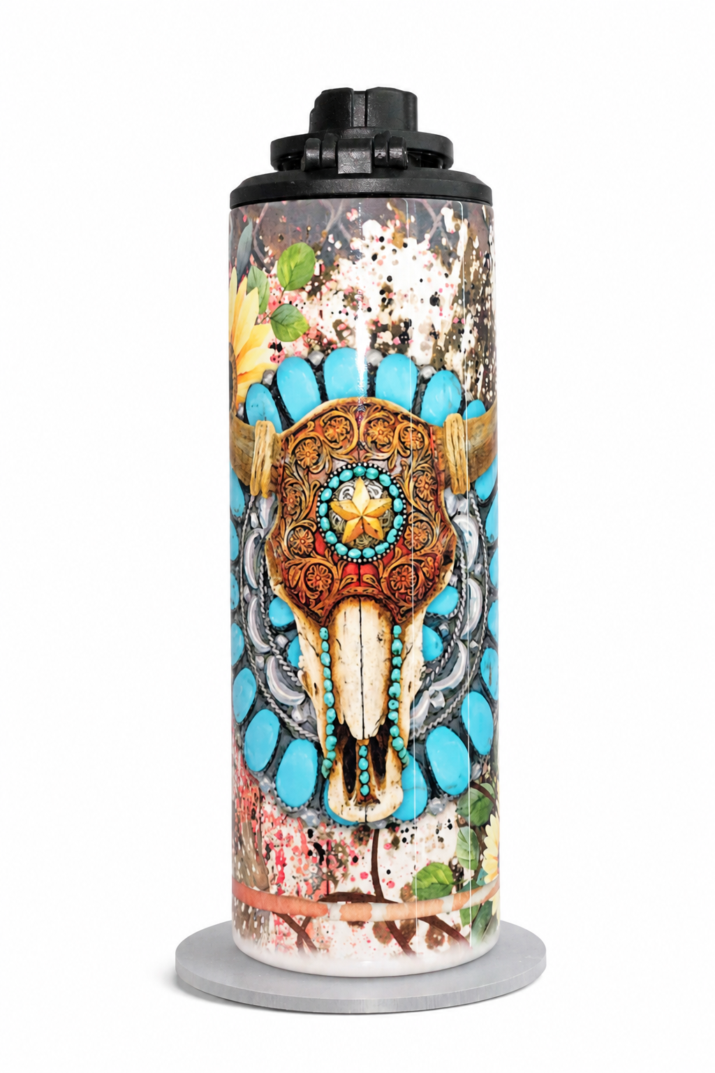 Western Sunflower Cow Skull 20 oz Insulated Water Bottle | Turquoise Rustic Sublimation Tumbler | Cowgirl Drinkware