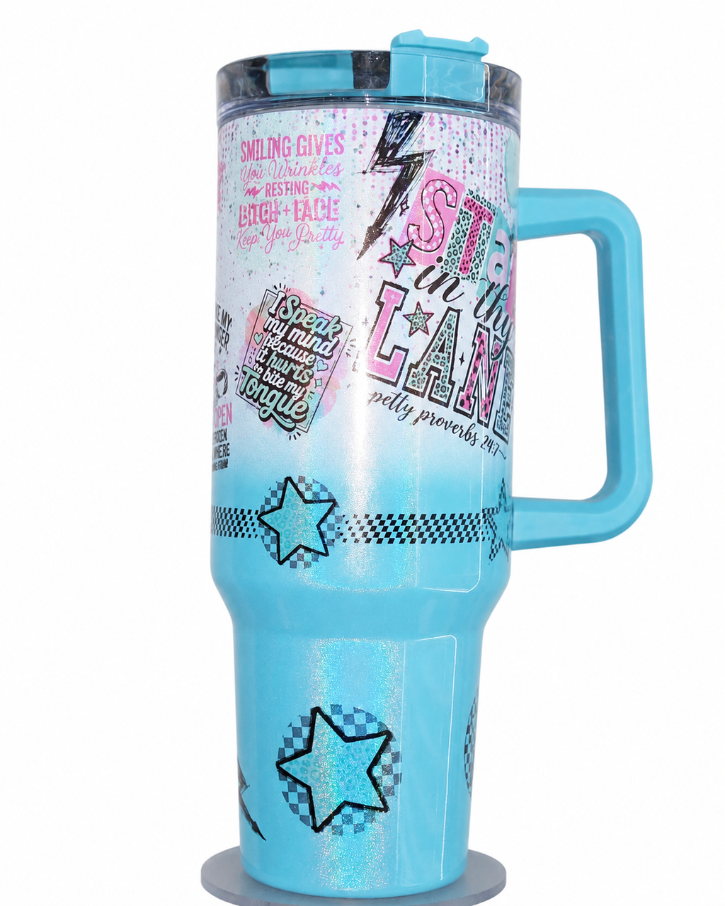 Funny Sassy 40oz Handle Tumbler | Retro Blue & Pink Attitude Design | Insulated Travel Mug with Handle | Gift for Best Friend, Coworker, Mom