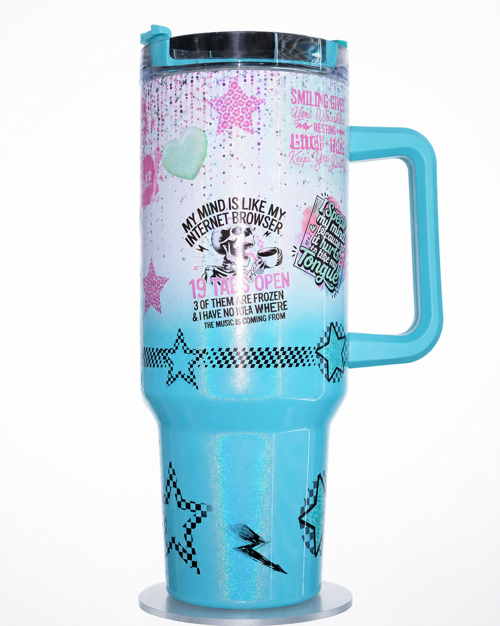 Funny Sassy 40oz Handle Tumbler | Retro Blue & Pink Attitude Design | Insulated Travel Mug with Handle | Gift for Best Friend, Coworker, Mom