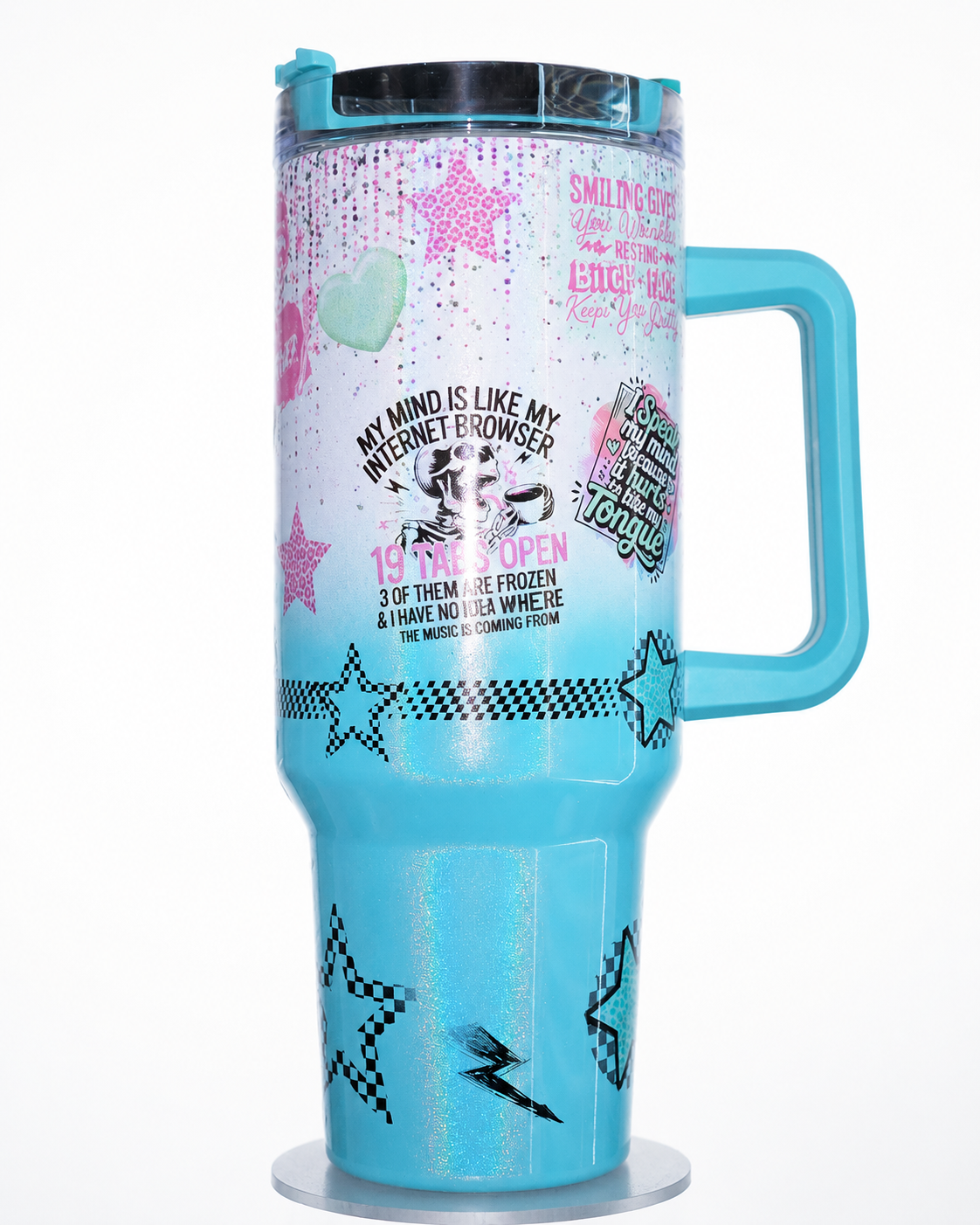 Funny Sassy 40oz Handle Tumbler | Retro Blue & Pink Attitude Design | Insulated Travel Mug with Handle | Gift for Best Friend, Coworker, Mom