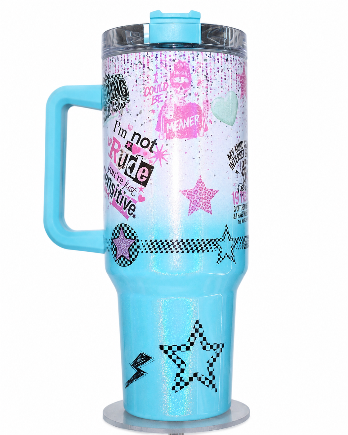 Funny Sassy 40oz Handle Tumbler | Retro Blue & Pink Attitude Design | Insulated Travel Mug with Handle | Gift for Best Friend, Coworker, Mom