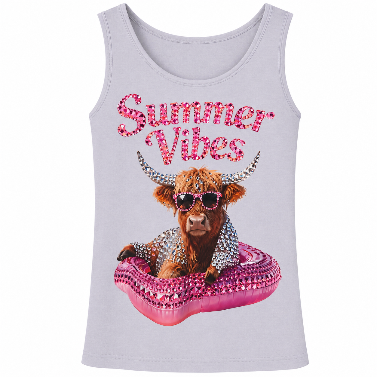 Summer Vibes Highland Cow Tank Top | Pink Pool Float Cow Graphic Tank | Rhinestone Look Summer Shirt