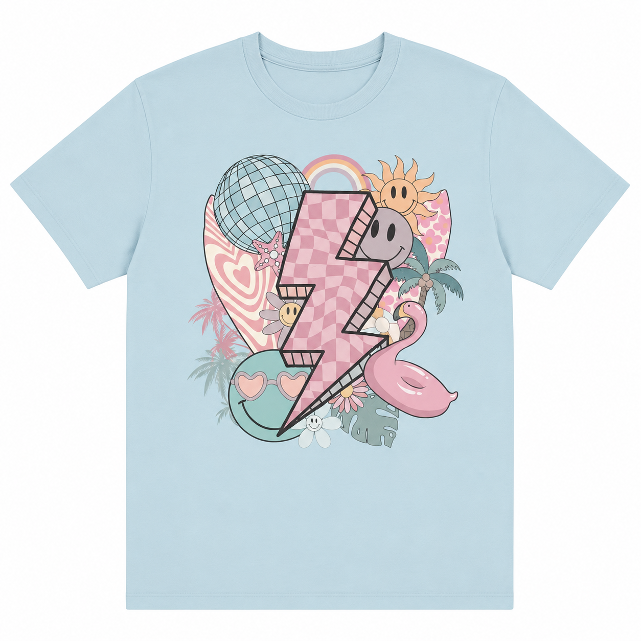 Retro Lightning Bolt Summer Graphic Tee | Pink Checkered Lightning Shirt | Trendy DTF T-Shirt