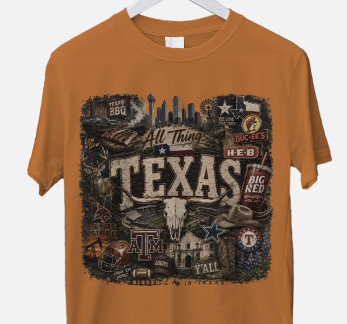 All Things Texas Graphic Tee | Texas Pride Collage Shirt | Western Texas DTF T-Shirt