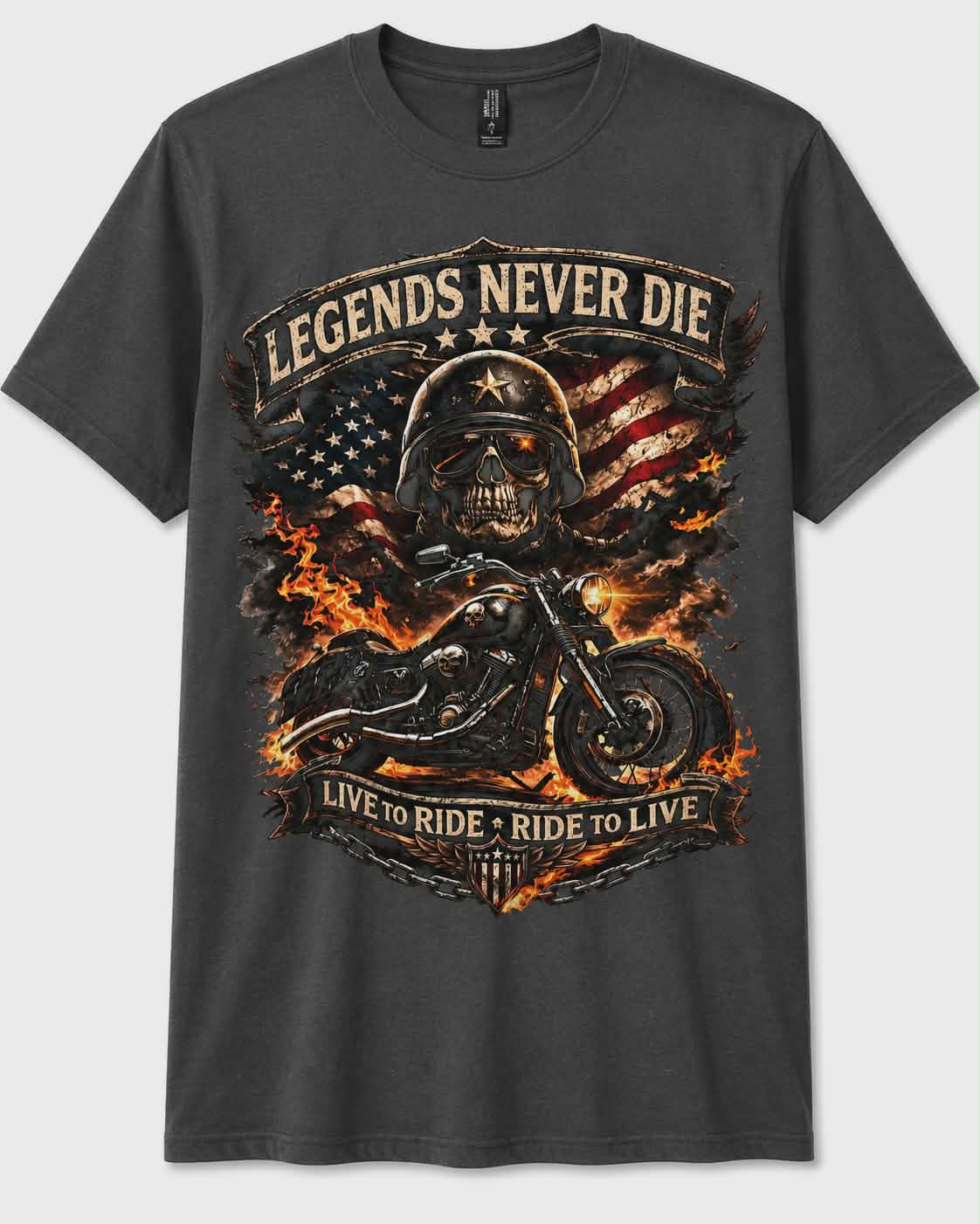 Legends Never Die Biker T-Shirt | Skull Motorcycle Graphic Tee | Patriotic Rider Shirt | Live to Ride Ride to Live