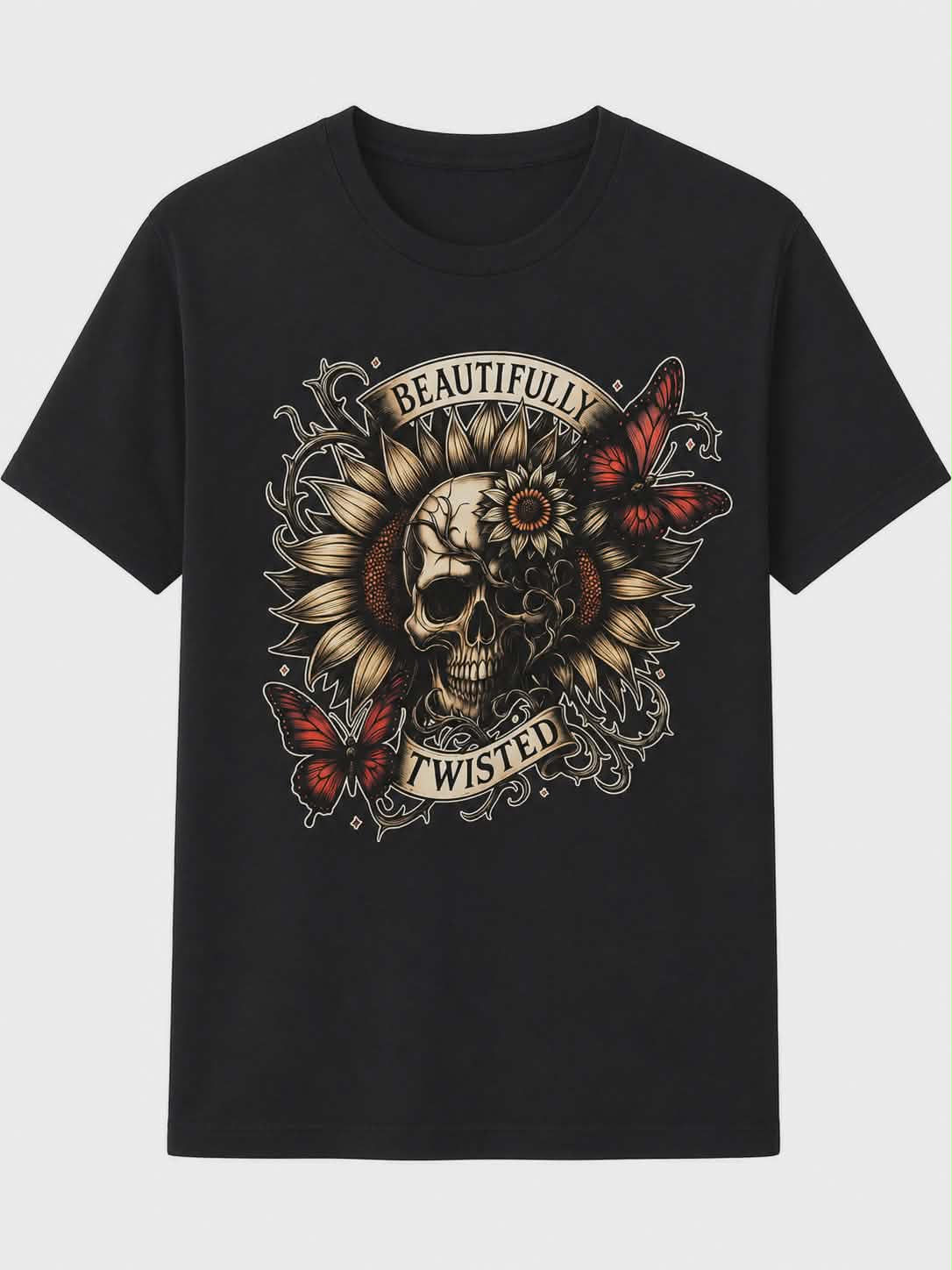 Beautifully Twisted Skull & Sunflower Graphic Tee | Gothic Floral Shirt | DTF Printed T-Shirt