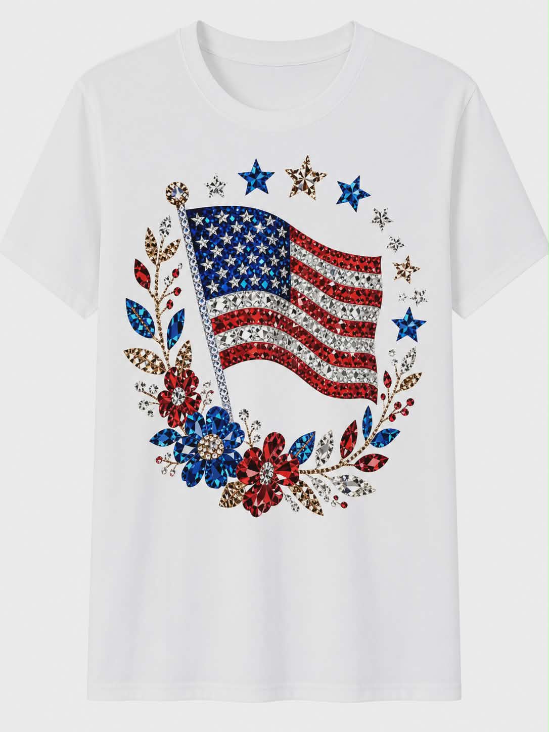 Patriotic Rhinestone Flag Graphic Tee | American Flag Floral Shirt | USA DTF Printed T-Shirt