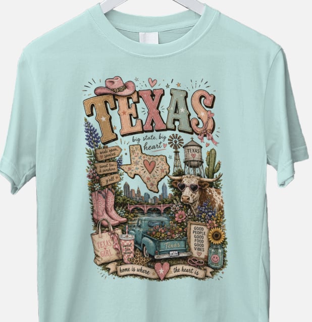 Texas Girl Vintage Graphic Tee | Western Texas Pride Shirt | Floral Cowgirl DTF T-Shirt