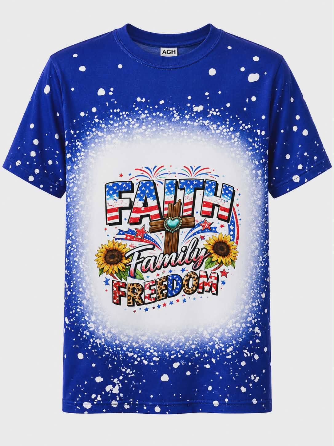 Faith Family Freedom Patriotic Faux Bleach T-Shirt | Christian Fourth of July Shirt | Sublimation Graphic Tee | Americana Faith Shirt