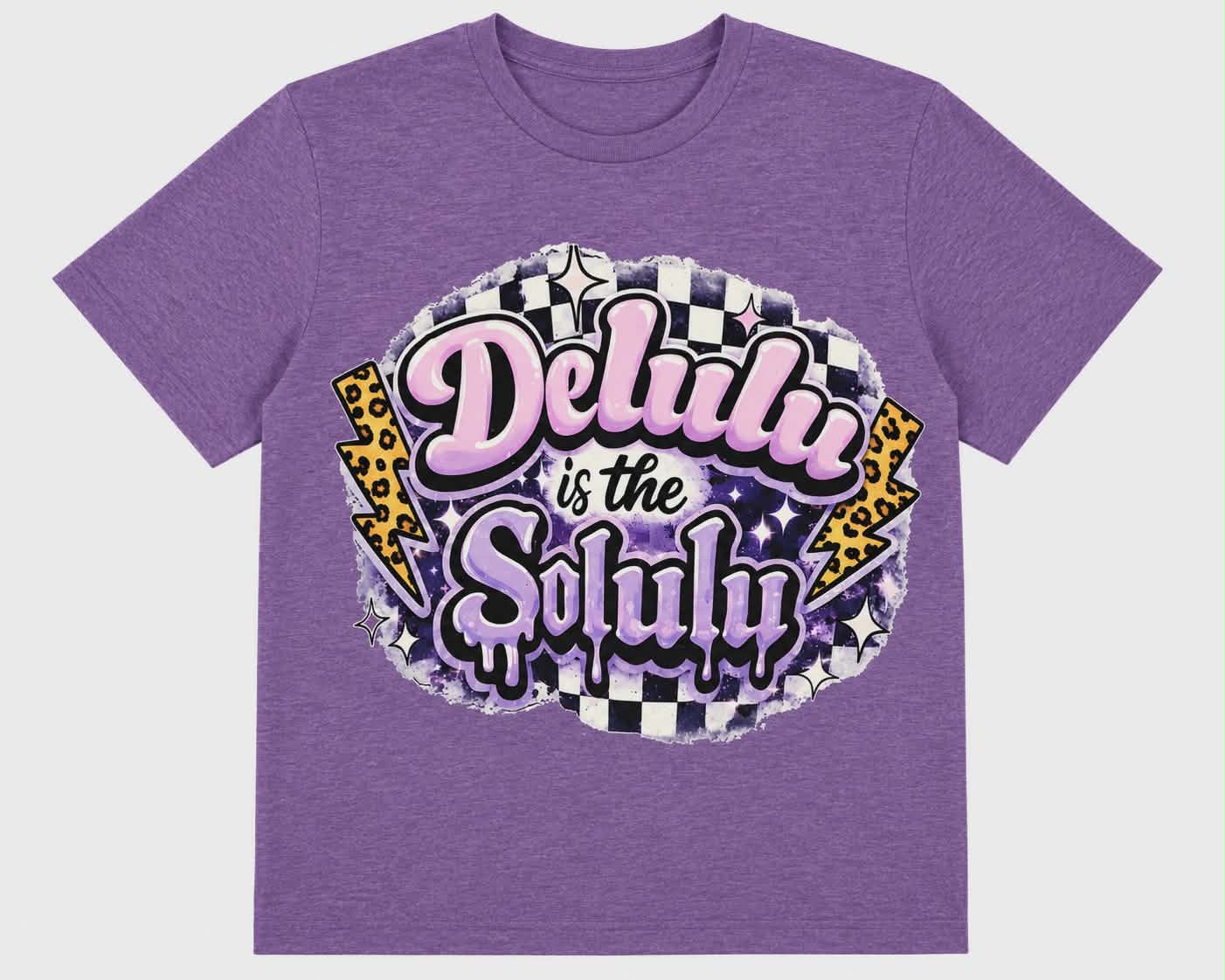 Delulu Is The Solulu Graphic Tee | Funny Trendy DTF Shirt | Coquette Aesthetic Tee | Purple Checkered Graphic T-Shirt