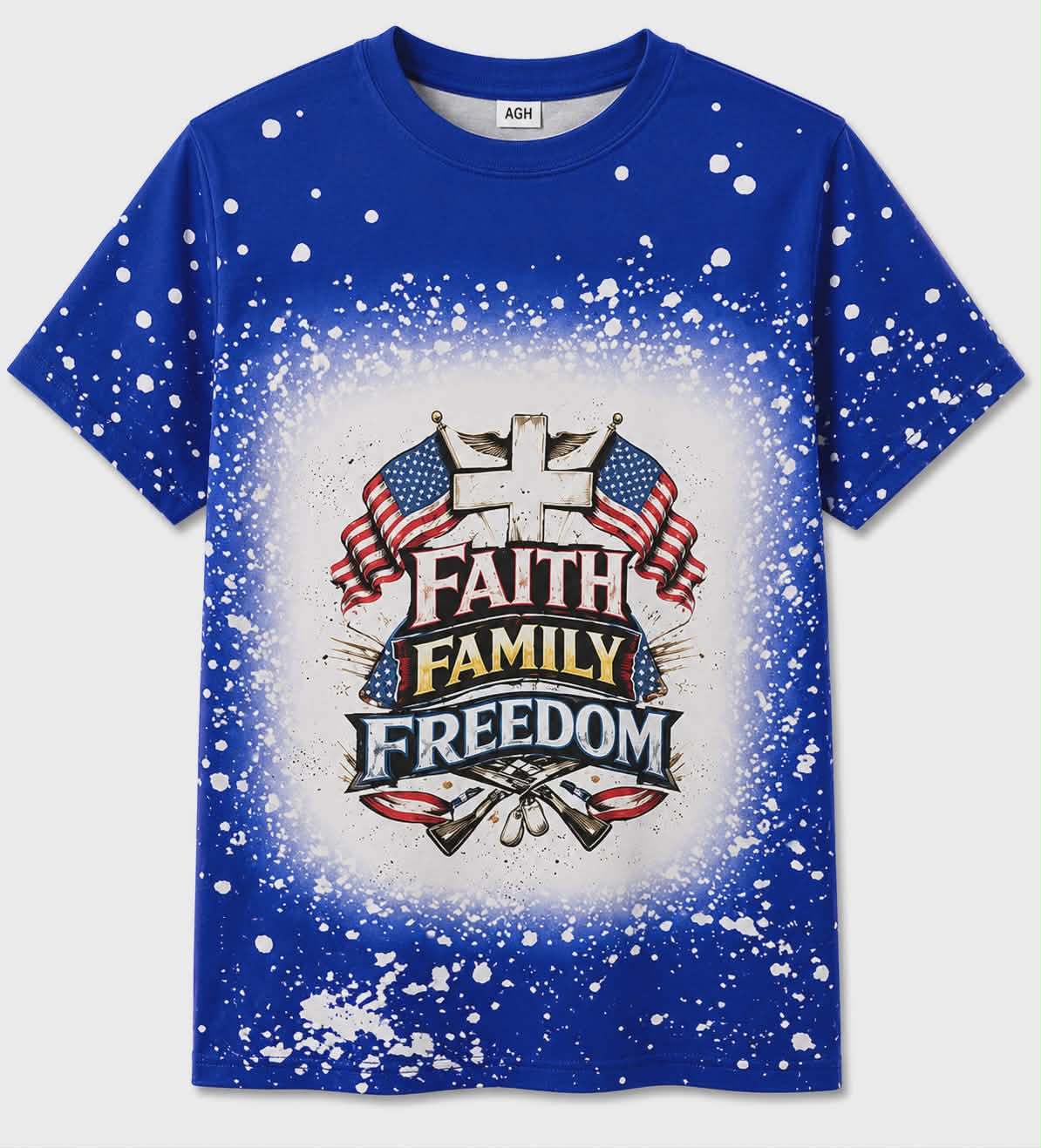 Faith Family Freedom Patriotic Christian Shirt | Faux Bleach Sublimation Tee | Americana Cross Graphic T-Shirt