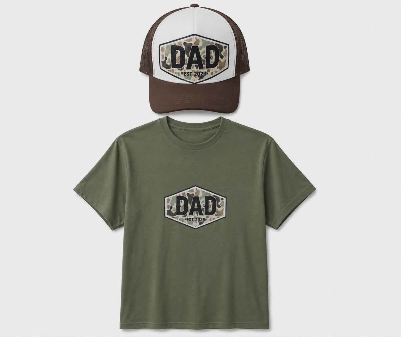 Dad Est. 2024 Matching Hat & Shirt Set | New Dad Gift Set | Camo Dad Trucker Hat and T-Shirt Combo | Father's Day Gift
