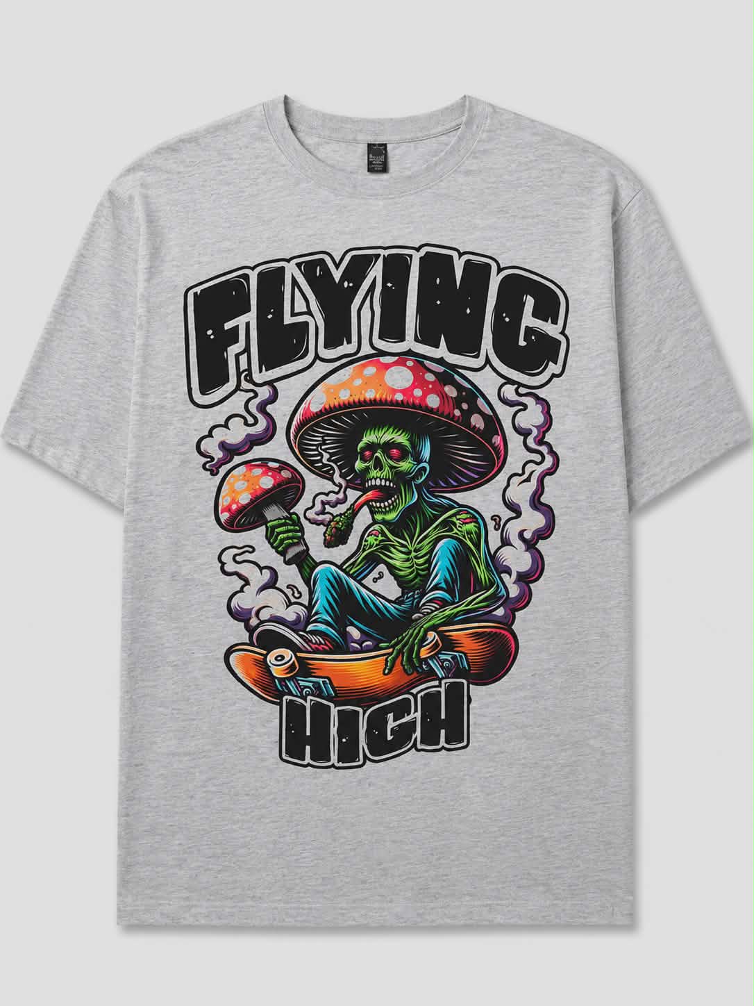 Flying High Funny Mushroom Skeleton T-Shirt | Skateboard Graphic Tee | Psychedelic Streetwear Shirt
