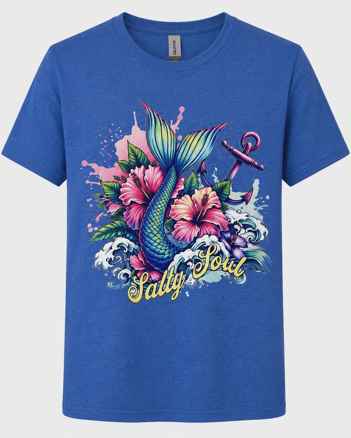 Salty Soul Mermaid Graphic T-Shirt | Coastal Beach DTF Tee | Tropical Ocean Lover Shirt | Mermaid Tail Summer Graphic Tee