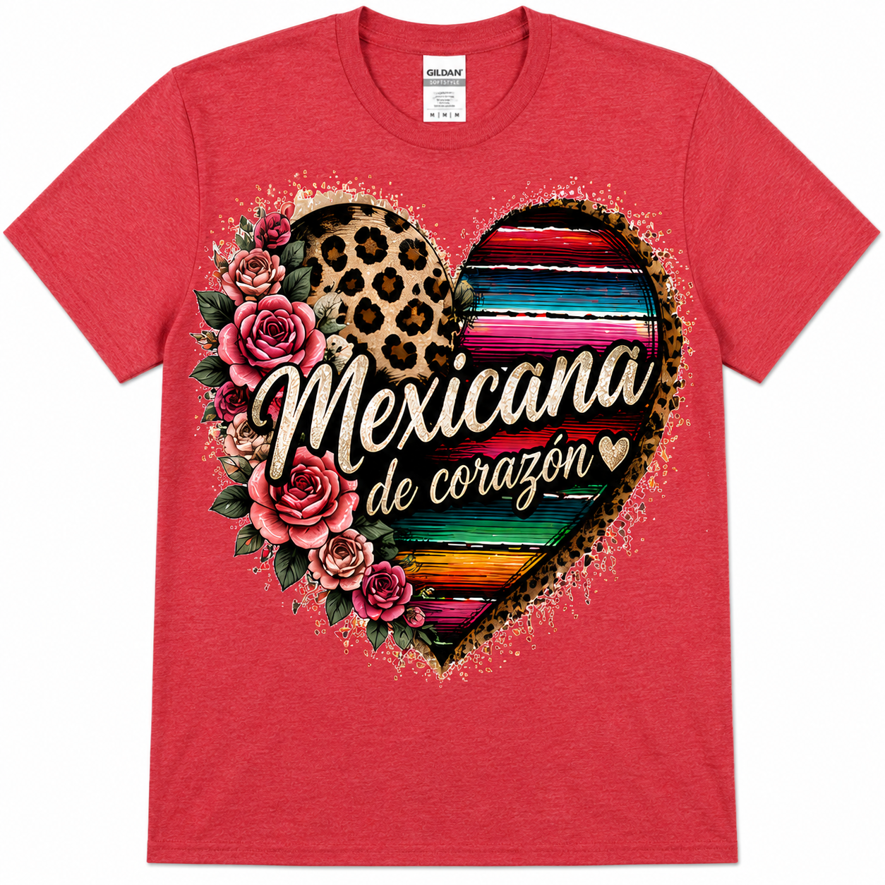 Mexicana de Corazón Graphic Tee | Serape Heart Leopard DTF Shirt | Mexican Pride Softstyle T-Shirt