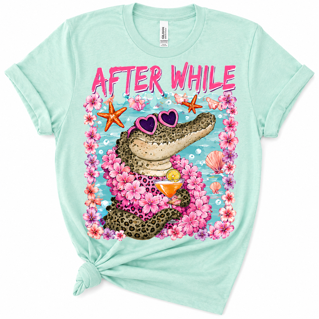 After While Crocodile Tropical Graphic Tee | Funny Beach Alligator Shirt | Summer Vacation Softstyle T-Shirt)