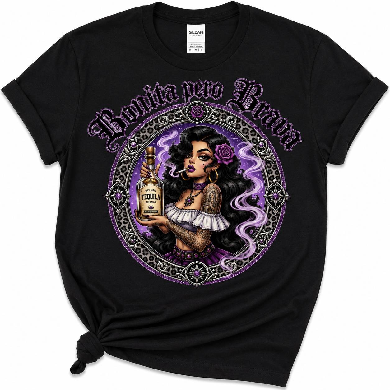 La Bonita Pero Brava Tequila Chingona Graphic Tee | Chicana Purple Gothic Shirt | Softstyle Unisex T-Shirt