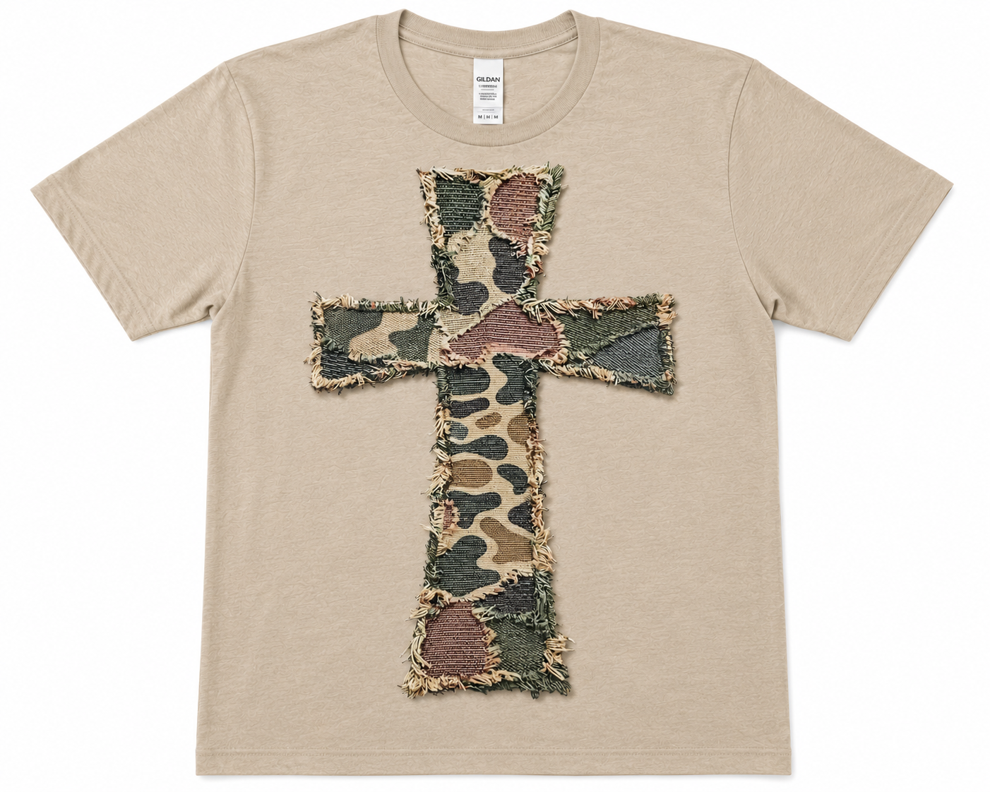 Patchwork Camo Cross Graphic Tee | Faith-Based Christian Shirt | Distressed Cross Softstyle T-Shirt