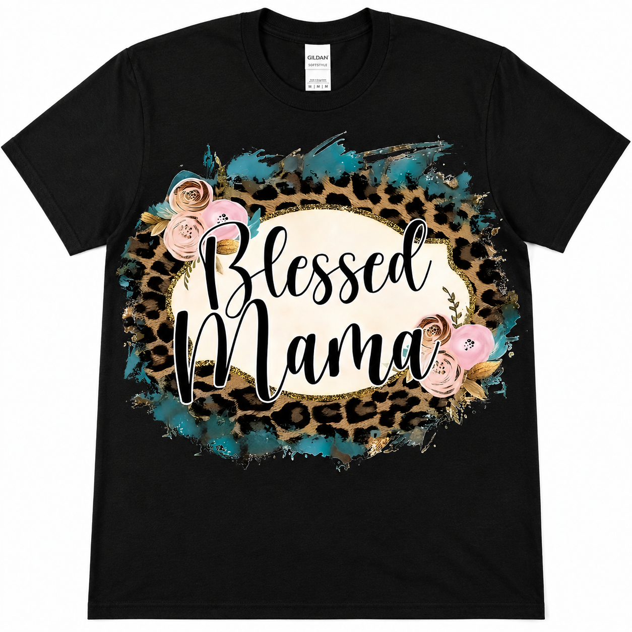 Blessed Mama Graphic Tee | Leopard Print Mama Shirt | Floral Faith-Inspired DTF T-Shirt | Softstyle Unisex Tee