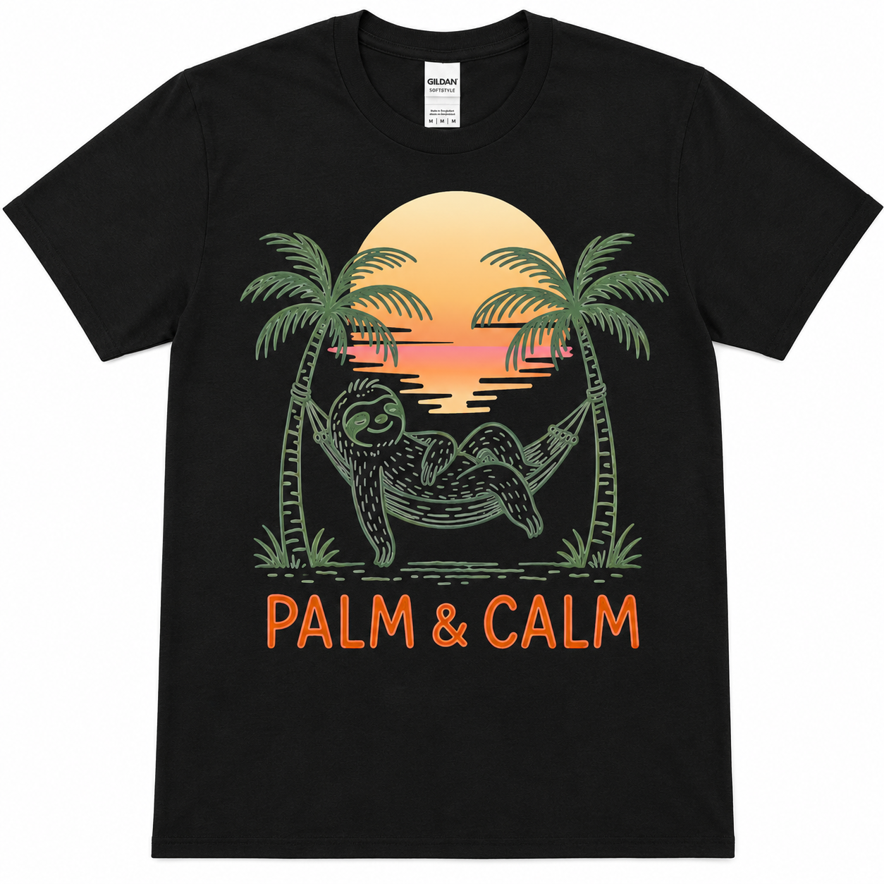 Palm & Calm Sloth Graphic Tee | Tropical Vacation Shirt | Relaxing Beach Vibes DTF T-Shirt | Softstyle Unisex Tee