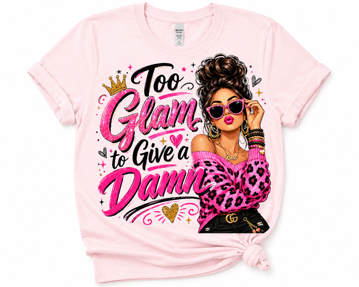 Too Glam to Give a Damn Graphic Tee | Sassy Pink Coquette DTF Shirt | Trendy Boutique Softstyle T-Shirt