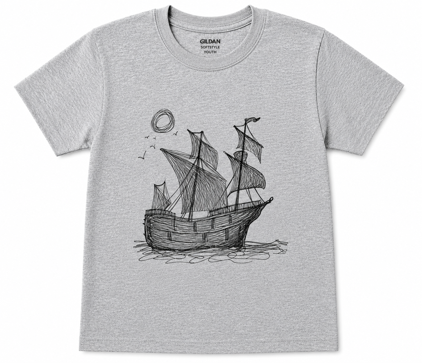 Pirate Ship Sketch Graphic Tee | Youth & Toddler Nautical Doodle Shirt | Minimalist Adventure DTF T-Shirt