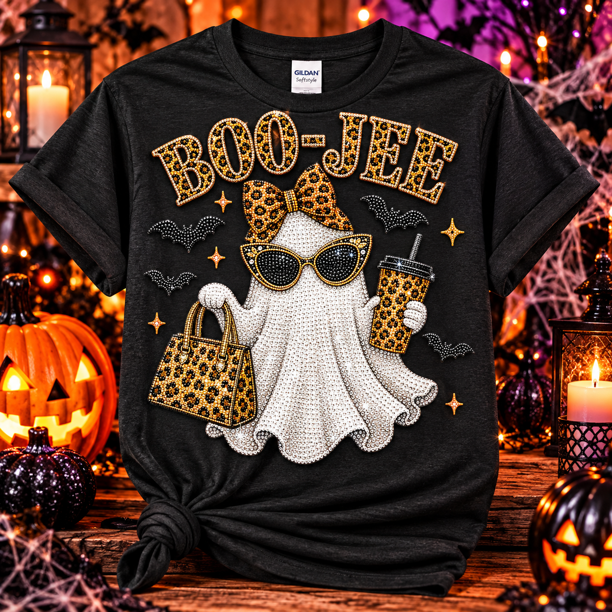Boo-Jee & Spooky Faux Rhinestone Ghost Tee – Leopard Halloween Shirt