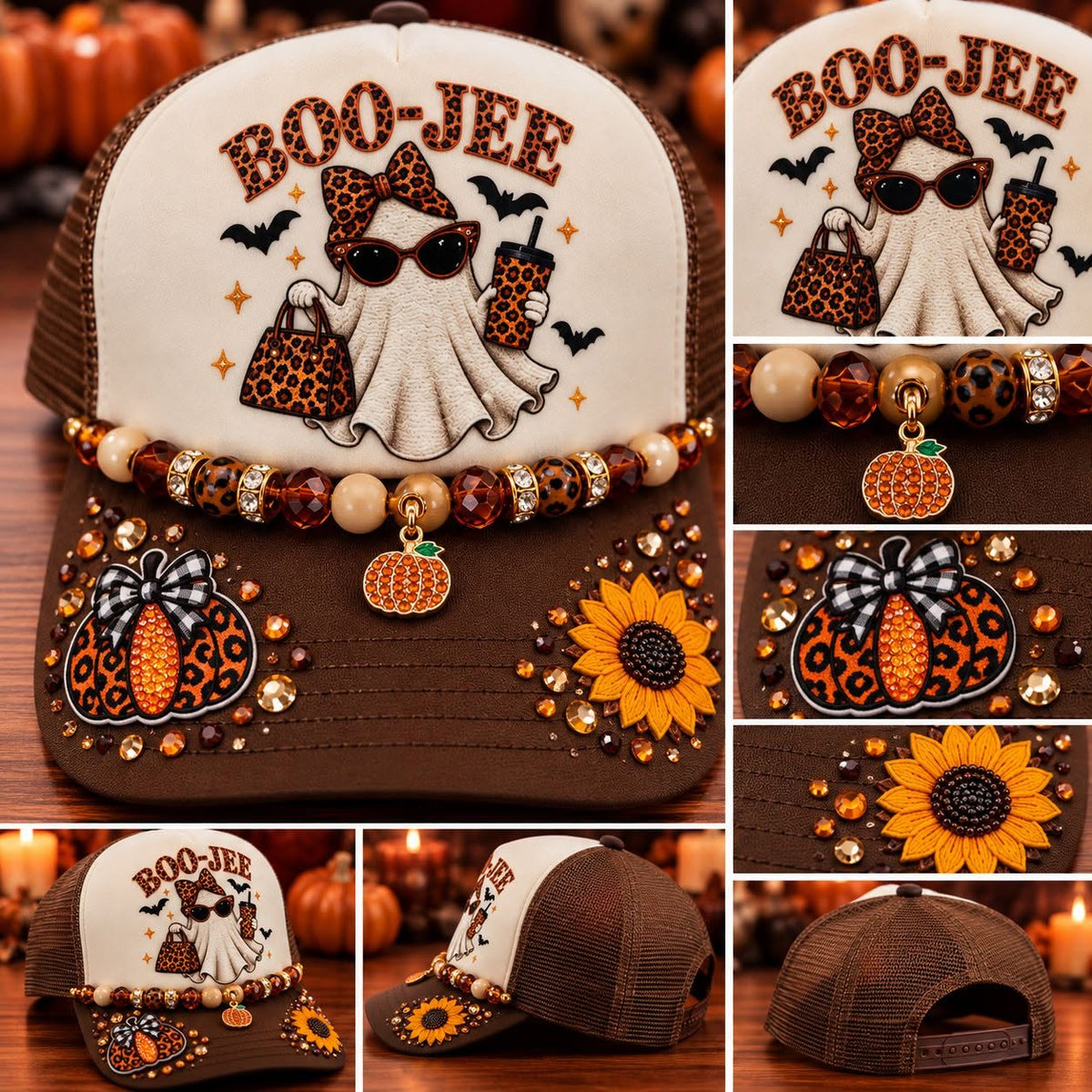 👻🧡 Boo-Jee Babe — Leopard Ghost Fall Glam Trucker Hat