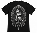 Praying Hands Skeleton Graphic T-Shirt | Gothic Faith DTF Printed Shirt | Rosary & Roses Christian Unisex Tee