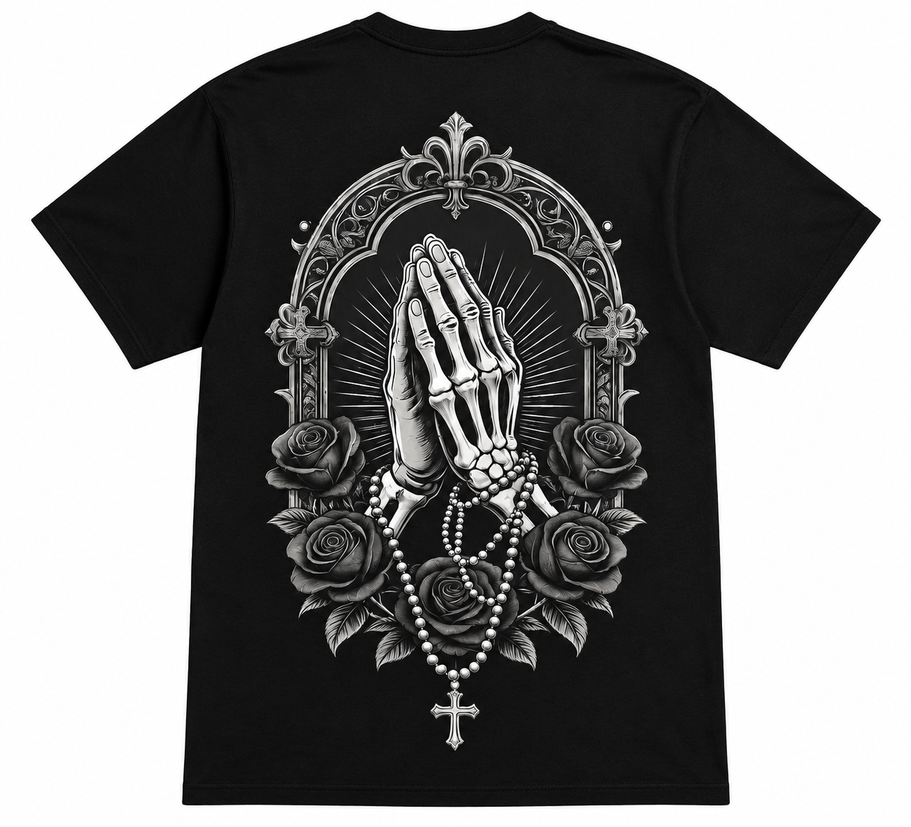Praying Hands Skeleton Graphic T-Shirt | Gothic Faith DTF Printed Shirt | Rosary & Roses Christian Unisex Tee