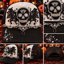 💀✨ Glam Reaper — Black & Silver Rhinestone Skull Trucker Hat