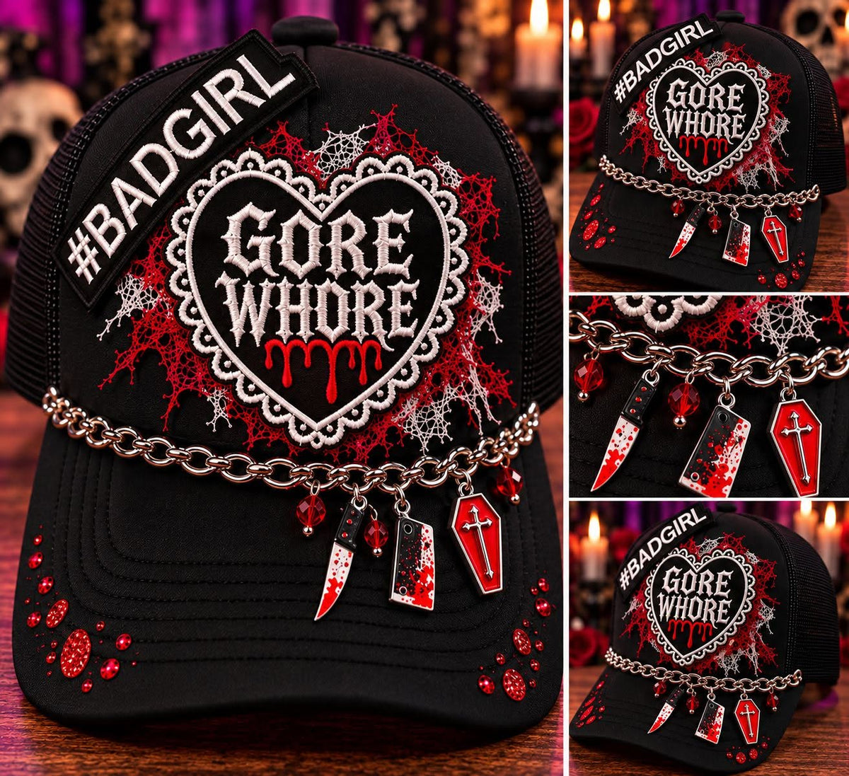 🩸🔪 Gore Whore — Spooky Glam Statement Trucker Hat