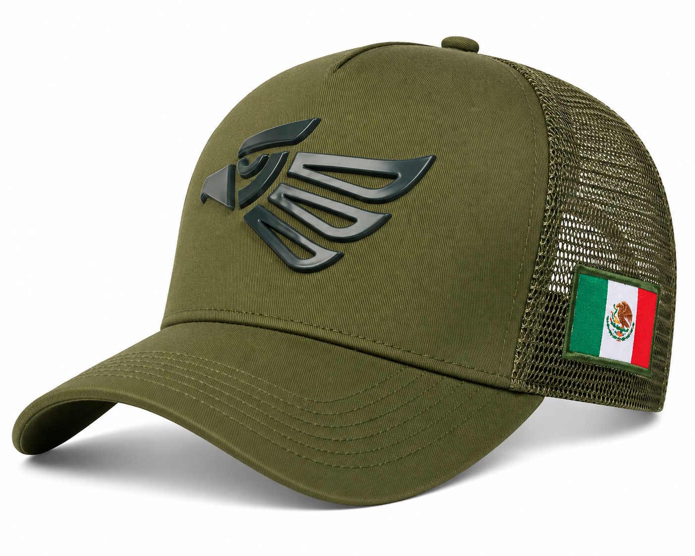 Olive Green Mexico Eagle Trucker Hat | Premium Snapback with Matte Black Eagle Emblem & Mexican Flag Patch