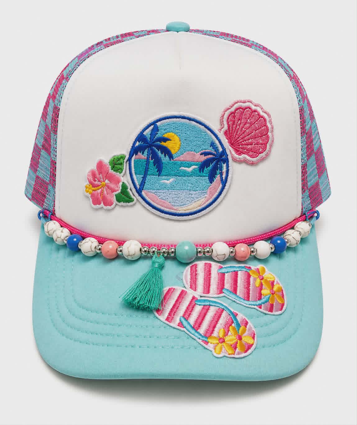 Beach Vibes Trucker Hat | Embroidered Tropical Patch Hat with Handmade Beaded Charm Chain