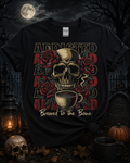 Addicted to Coffee – Brewed to the Bone Skull Graphic T-Shirt | Gothic Coffee Lover Halloween Tee | Softstyle Unisex Shirt
