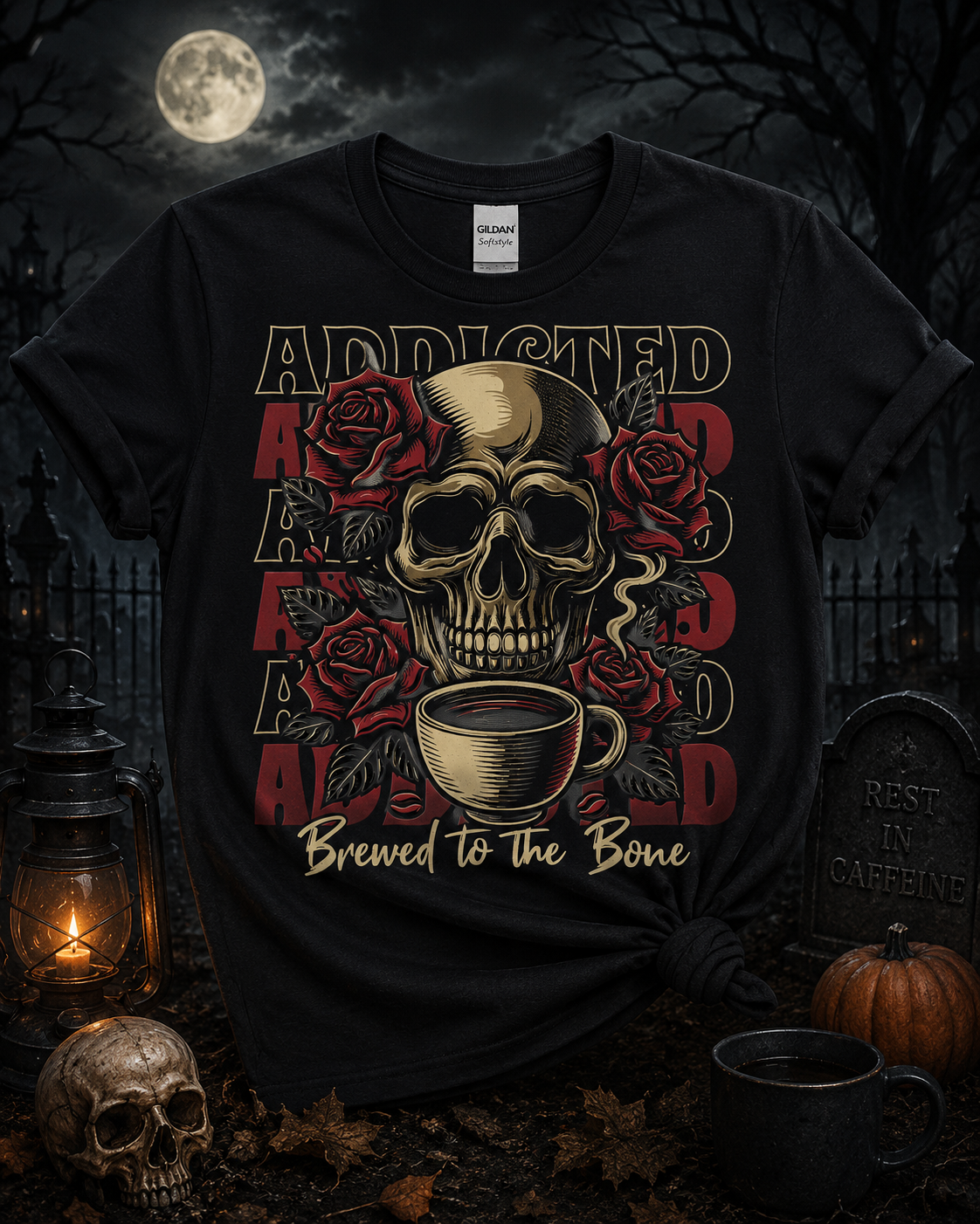 Addicted to Coffee – Brewed to the Bone Skull Graphic T-Shirt | Gothic Coffee Lover Halloween Tee | Softstyle Unisex Shirt