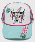Turquoise Western Skull Trucker Hat | Pink Checkered Lightning Boutique Hat
