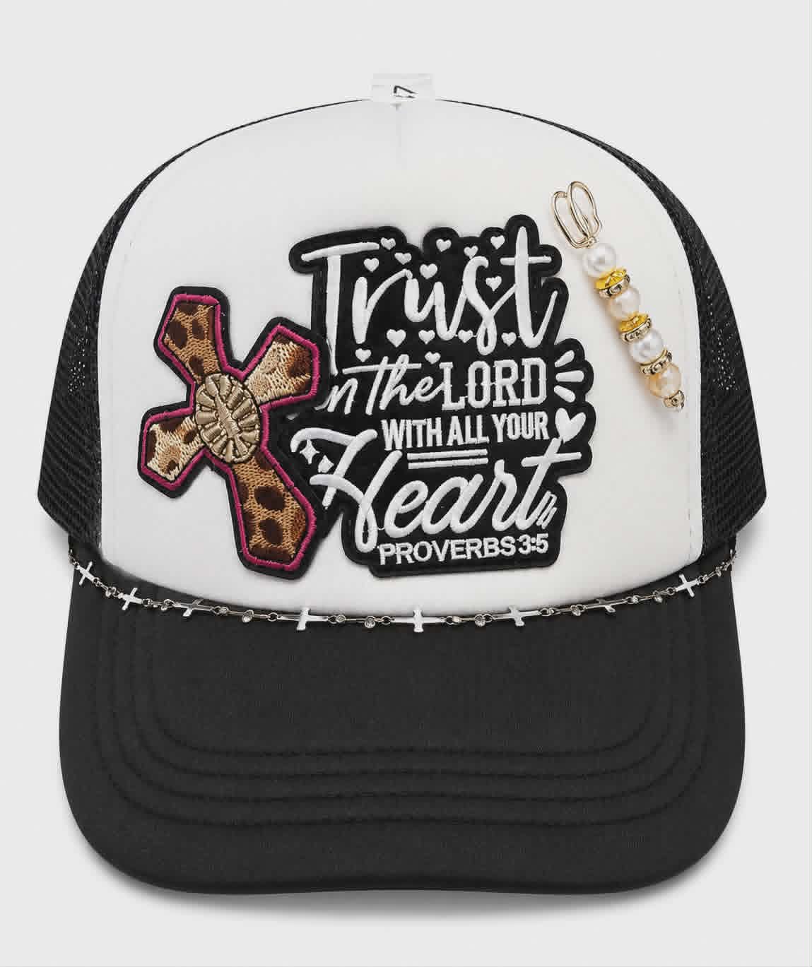 Trust in the Lord Trucker Hat with Cross Hat Chain & Handmade Pearl Hat Pin