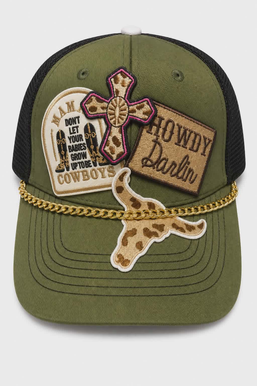 Howdy Darlin' Western Trucker Hat with Embroidered Patches & Gold Hat Chain