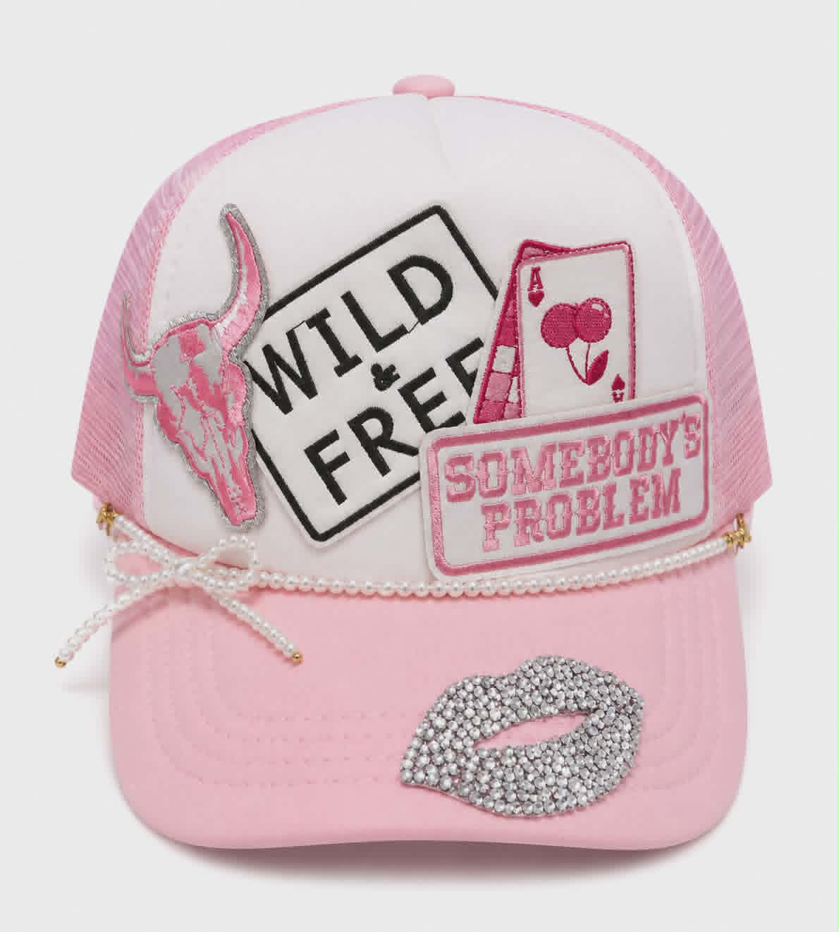 Wild & Free Trucker Hat | Rhinestone Lips Patch Hat with Embroidered Patches and Pearl Bow Chain
