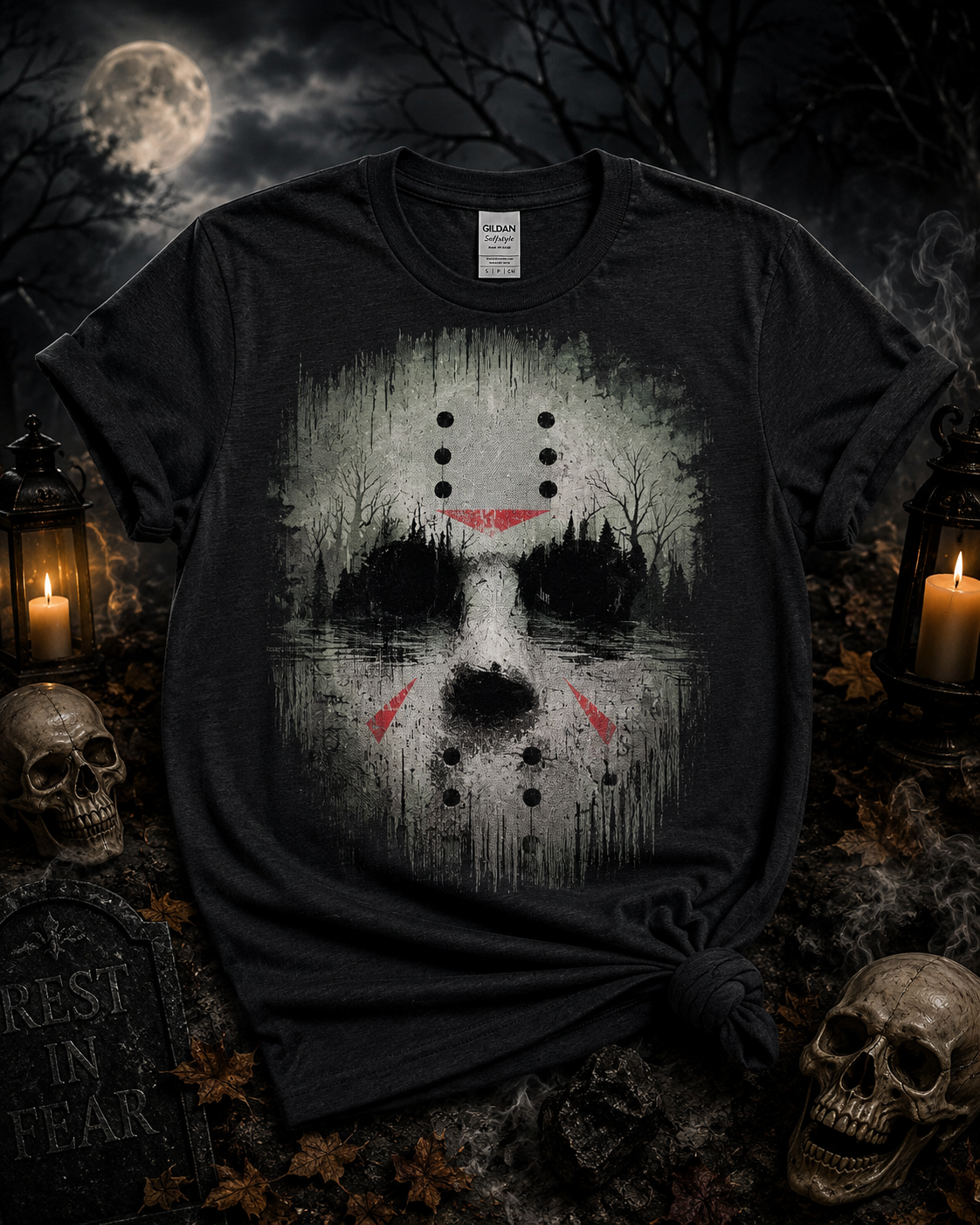 Vintage Hockey Mask Horror Graphic T-Shirt | Spooky Slasher Softstyle Tee | Halloween Horror Shirt