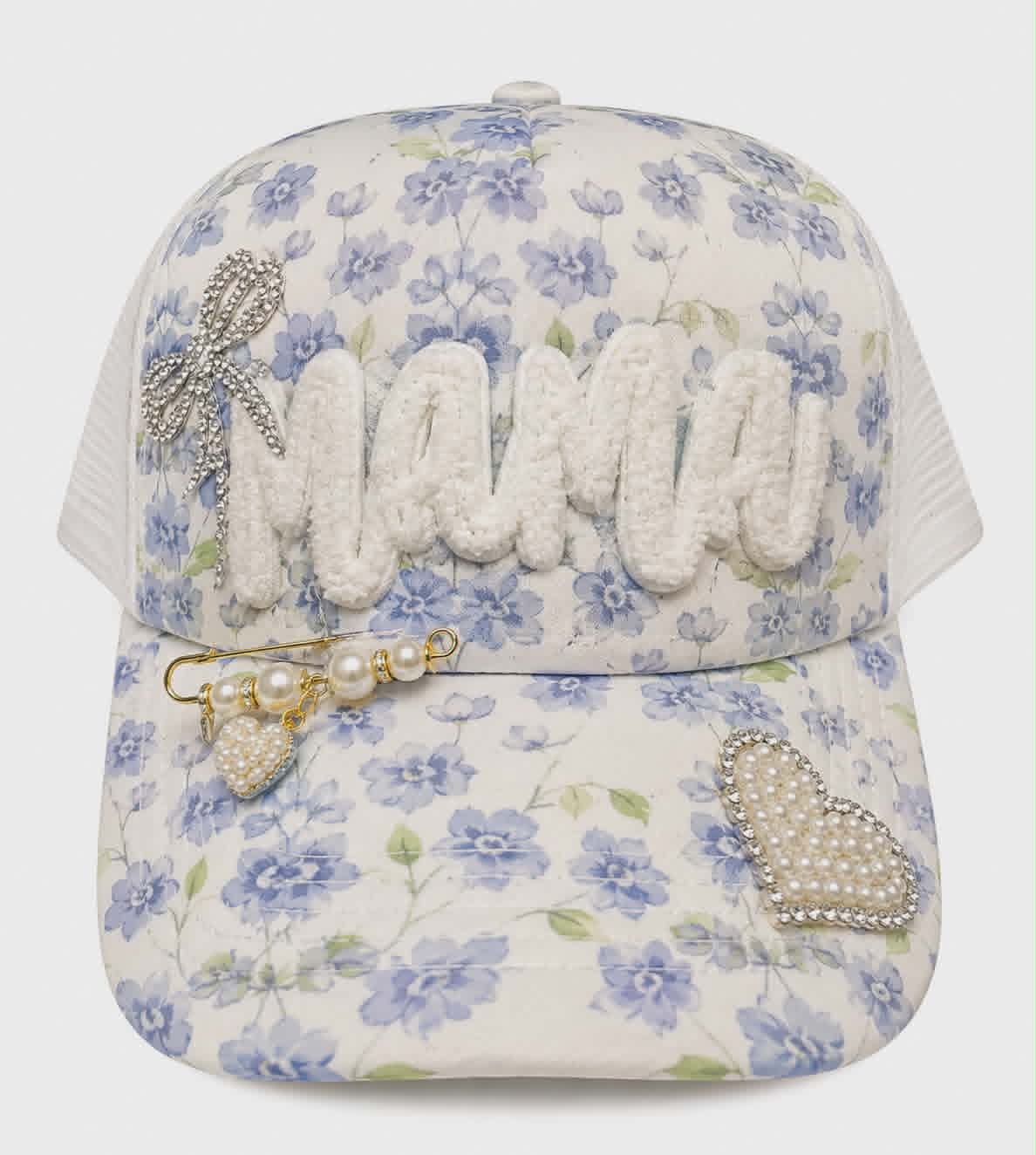 Vintage Floral Mama Trucker Hat with Chenille Patch & Pearl Hat Pin
