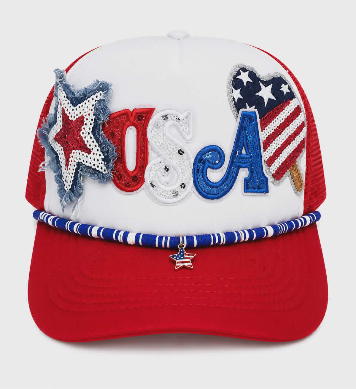 Patriotic USA Sequin Patch Trucker Hat with Handmade Beaded Hat Chain