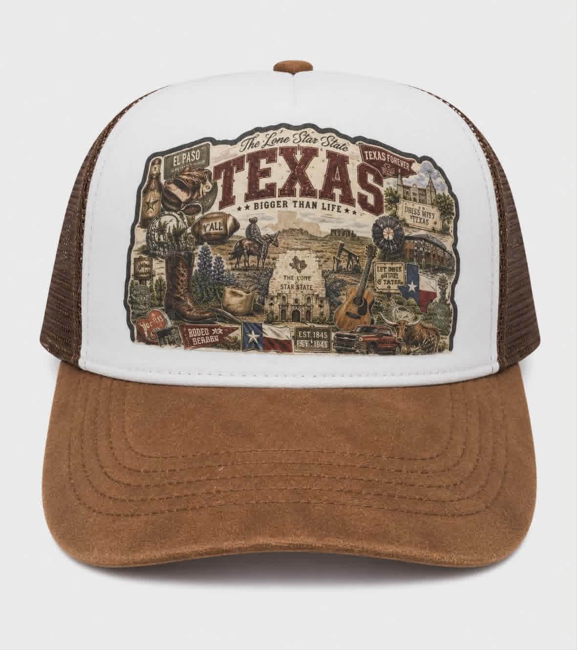 Texas Bigger Than Life Vintage Trucker Hat | Faux Suede Brim | Lone Star State