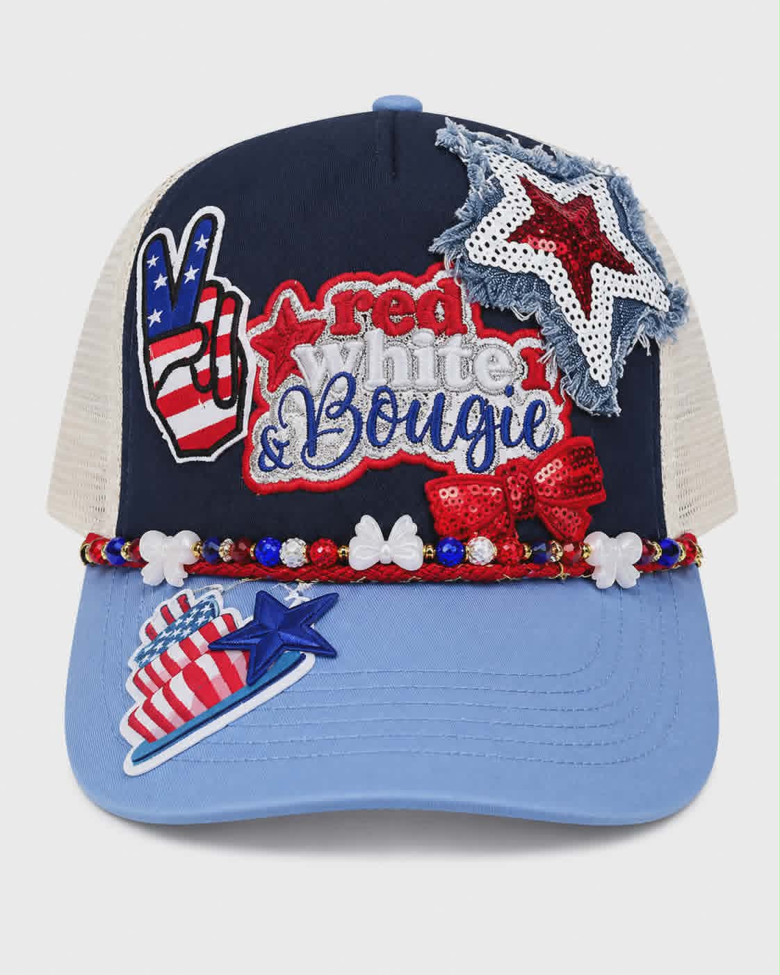 Red, White & Boujee Patriotic Trucker Hat with Handmade Beaded Hat Chain